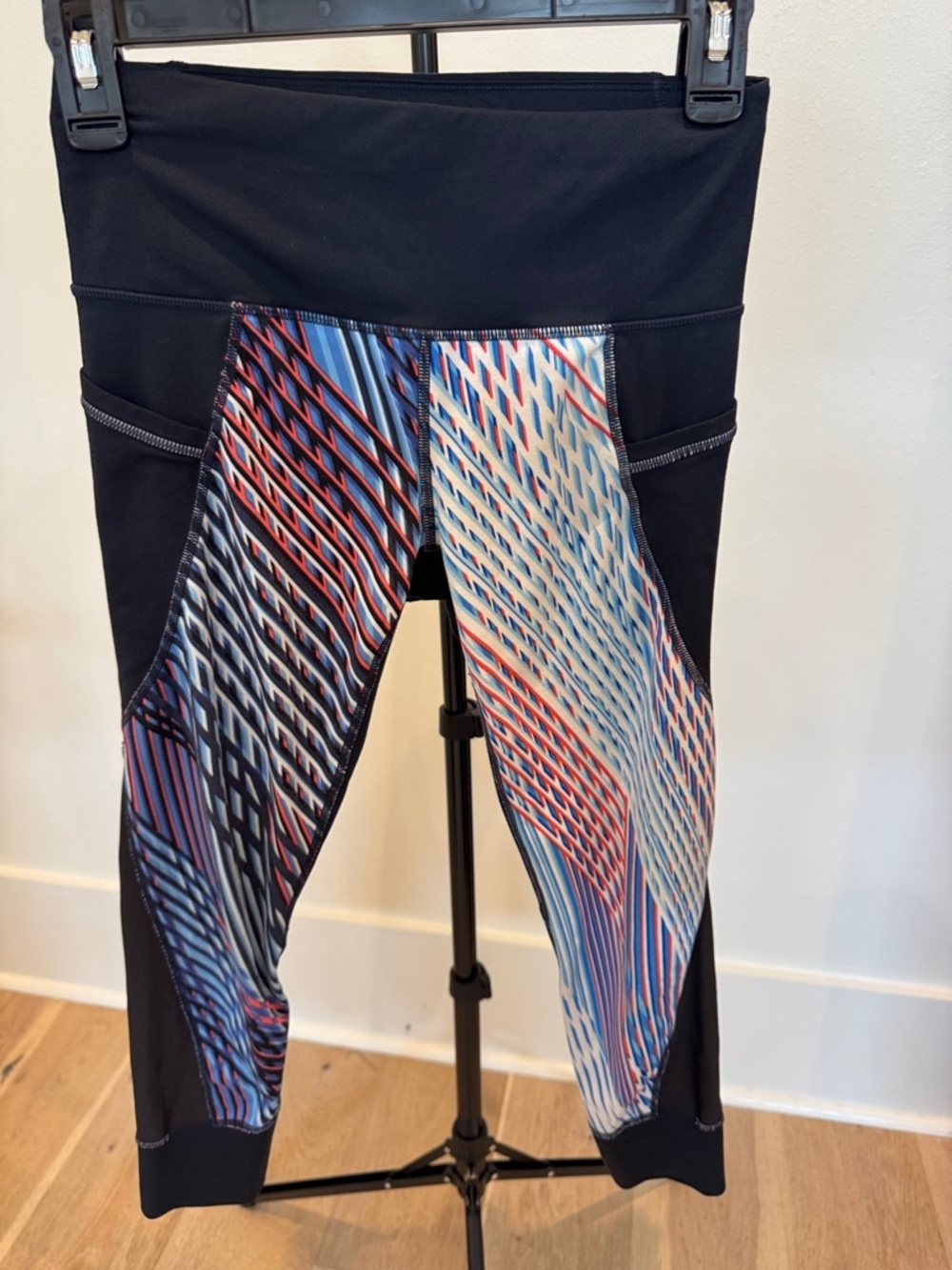 Athleta Black Leggings with Red, Blue & White Geometric Print